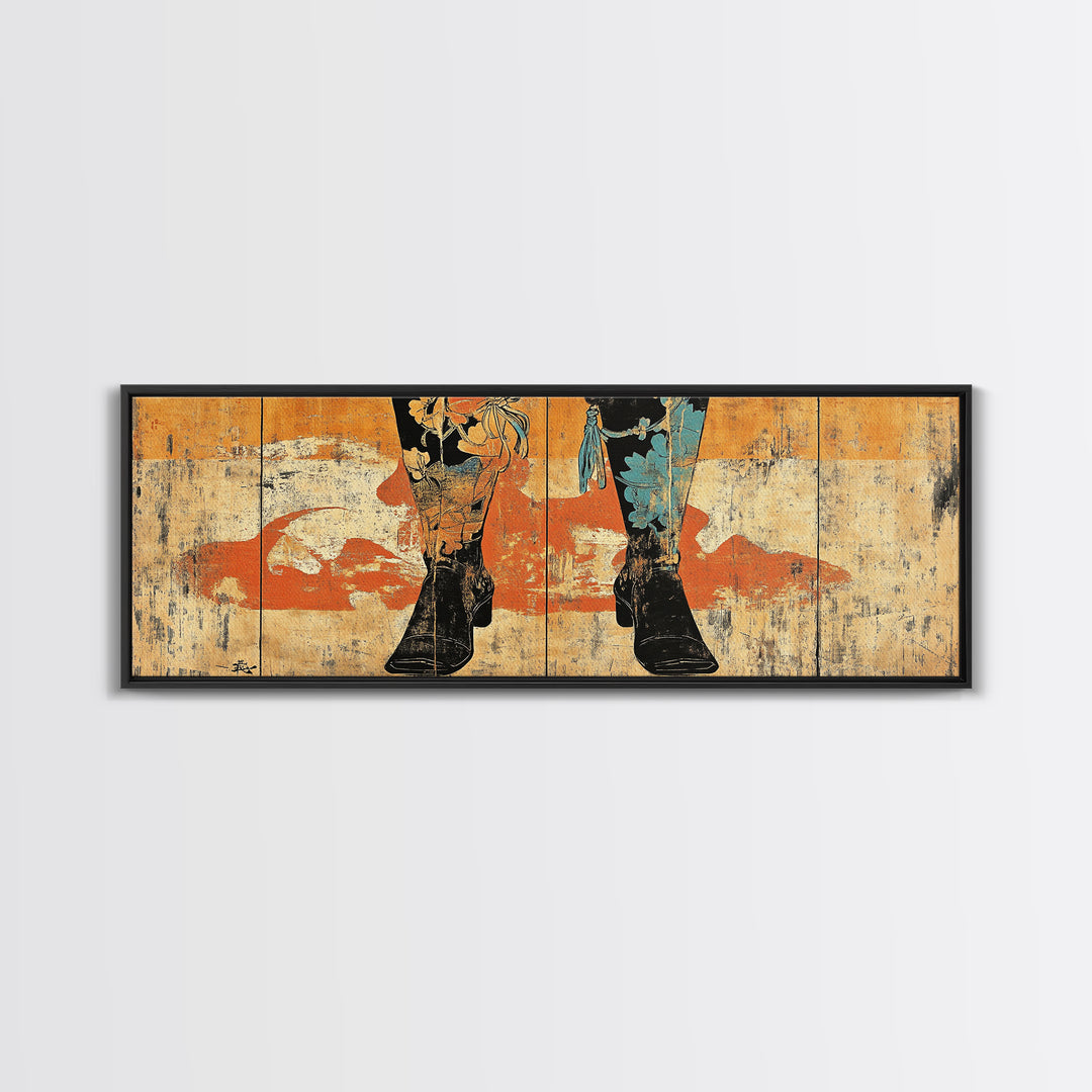 Cowboy Boots And Hat Wall Art, Western Cowgirl Canvas Print, Rustic Ranch Home Decor, Long Horizontal Bedroom Wall Decor