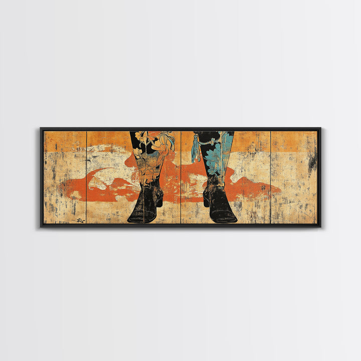 Cowboy Boots And Hat Wall Art, Western Cowgirl Canvas Print, Rustic Ranch Home Decor, Long Horizontal Bedroom Wall Decor