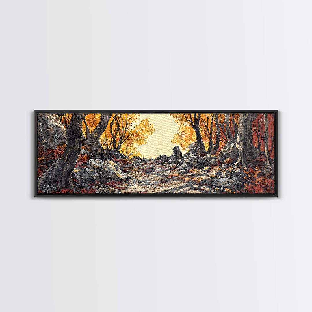 Autumn Forest Path Wall Art, Rustic Landscape Print, Long Horizontal Canvas, Cozy Cabin Decor, Warm Nature Art For Living Room