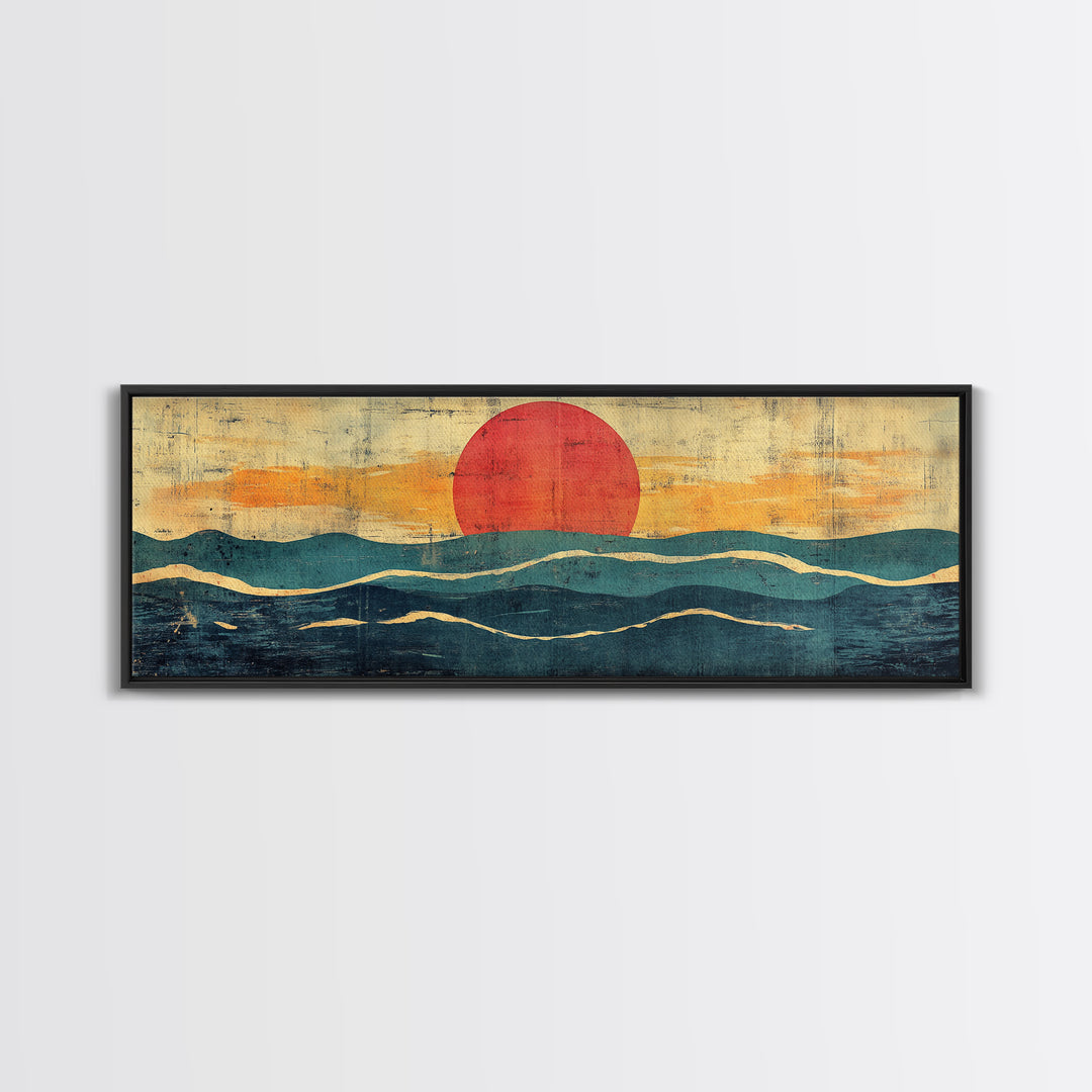 Abstract Ocean Waves Wall Art, Mid Century Coastal Print, Red Sun Seascape, Retro Minimalist Decor For Modern Living Room