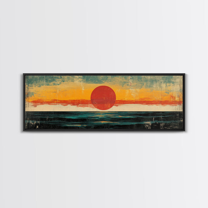 Minimalist Red Sun Ocean Wall Art, Abstract Coastal Landscape Print, Mid Century Modern Decor, Long Horizontal Canvas For Bedroom
