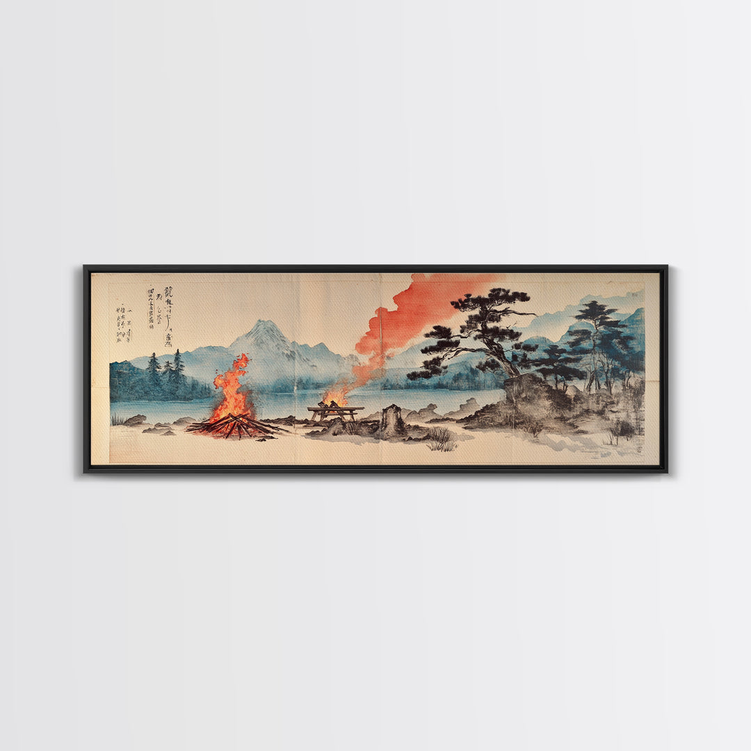 Mountain Campfire By Quiet Lake Wall Art, Japanese Landscape Canvas Print, Zen Nature Decor, Rustic Cabin Home Office Art