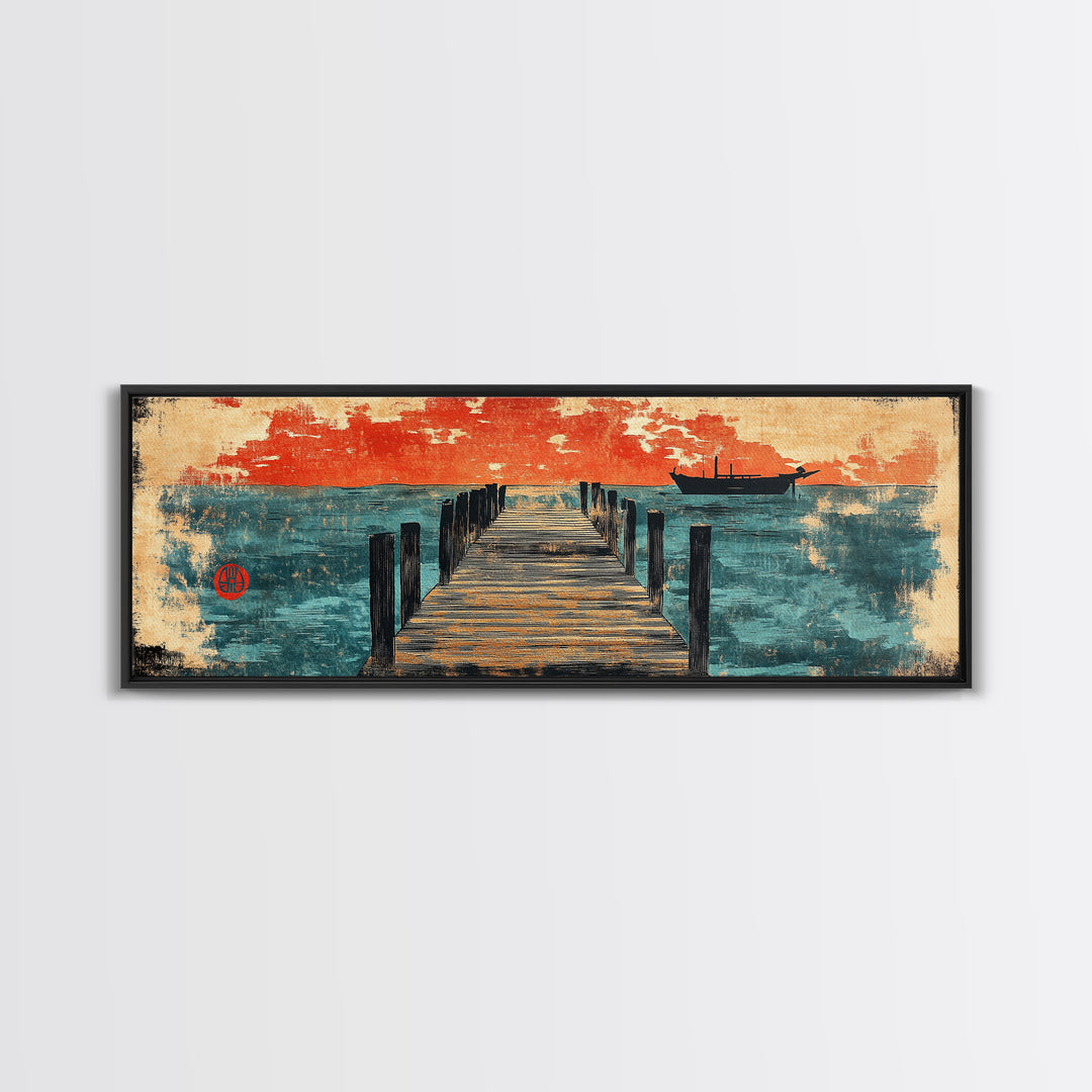 Weathered Pier And Red Sky Wall Art, Japanese Coastal Canvas Print, Ocean Sunset Decor, Large Horizontal Nautical Living Room Art