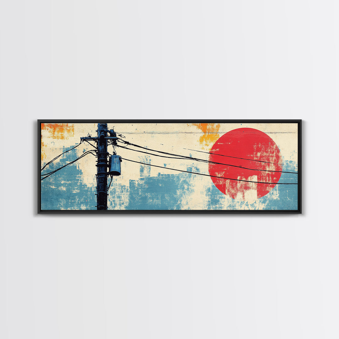 Weathered Utility Pole With Red Sun Canvas Print, Japanese Wall Art, Urban Industrial Decor, Long Horizontal Living Room Art