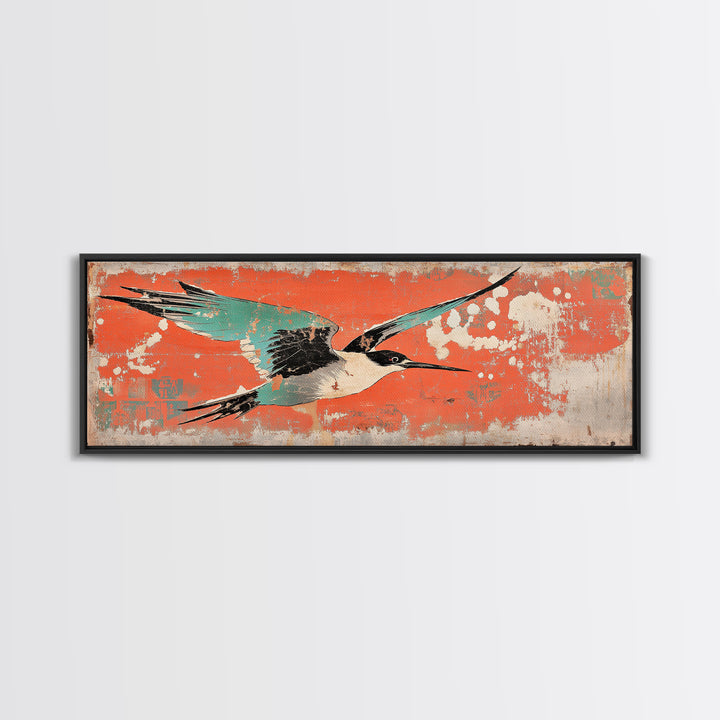 Graceful Teal Crane In Flight Wall Art, Japanese Bird Print, Coastal Wildlife Decor, Long Horizontal Canvas For Living Room
