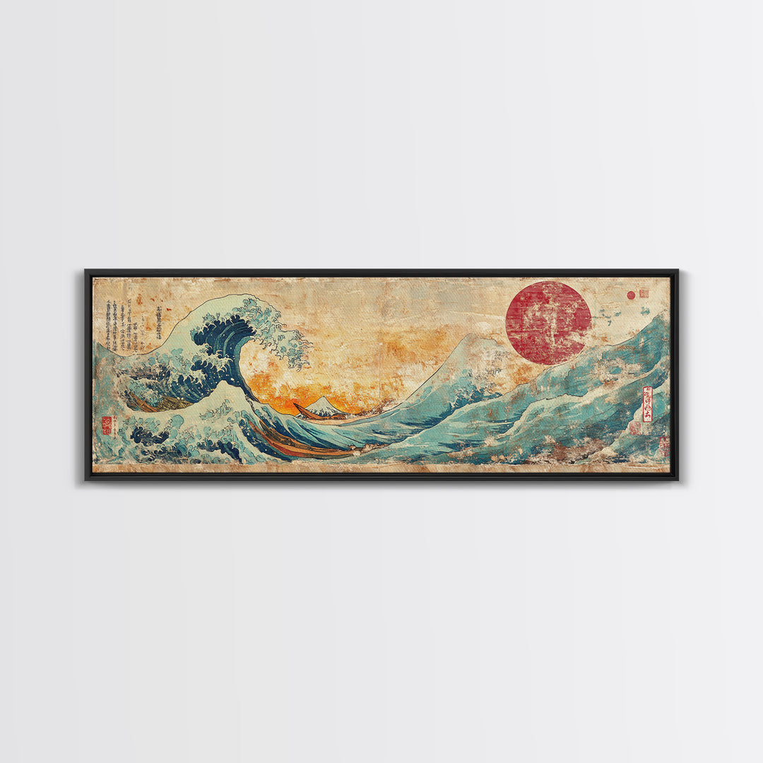 Cresting Blue Wave And Red Sun Framed Canvas Print, Japanese Seascape Wall Art, Coastal Decor For Living Room And Bedroom