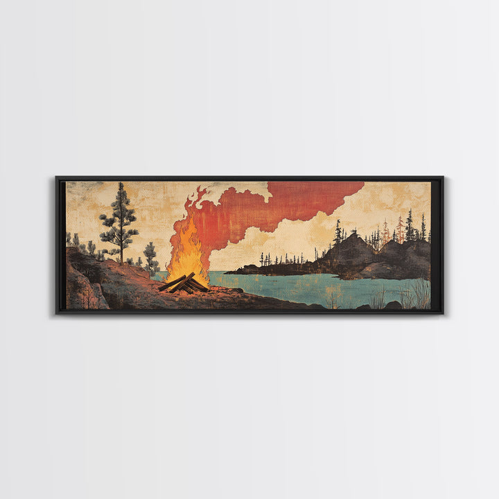 Lakeside Campfire With Red Smoke Canvas Print, Rustic Japanese Landscape Wall Art, Cabin Decor For Living Room And Office