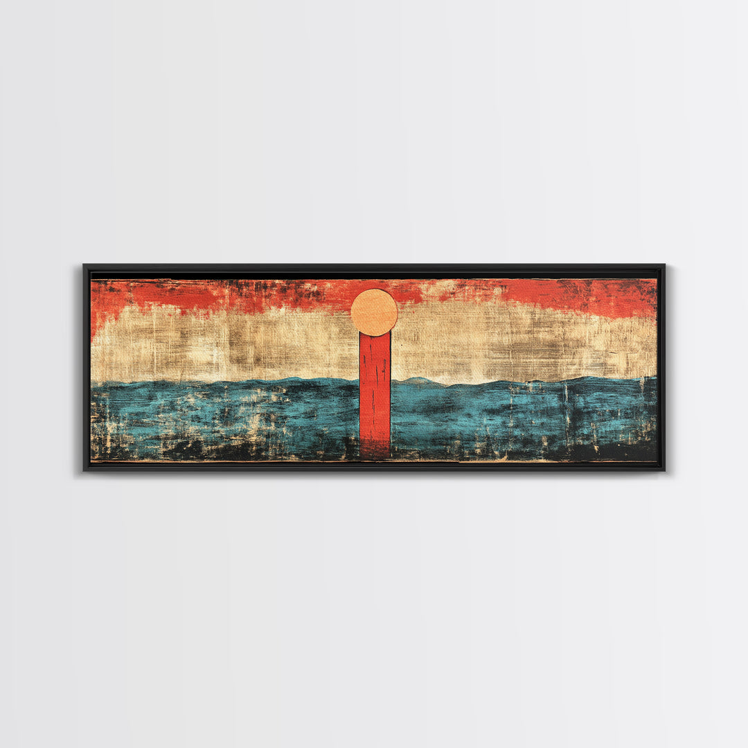 Minimal Red Sun Over Waves Canvas Print, Japanese Seascape Wall Art, Coastal Decor, Abstract Ocean Art, Japandi Home Decor