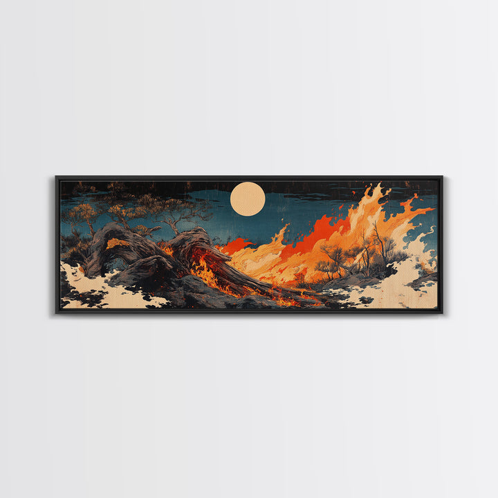 Fiery Dragon Wave Framed Canvas Print, Japanese Fantasy Wall Art, Dark Ocean Decor, Mythical Creature Art, Statement Artwork