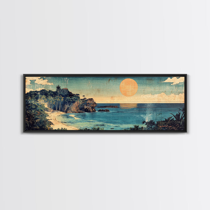 Tropical Ocean Cove Sunset Wall Art, Panoramic Coastal Canvas Print, Beach House Decor, Nautical Living Room Wall Art Print