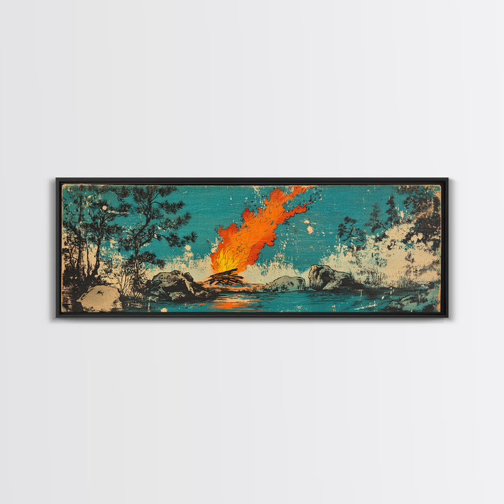 Campfire By River In Teal Forest Wall Art, Rustic Nature Canvas Print, Cozy Cabin Decor, Outdoor Adventure Wall Decor, Living Room Art