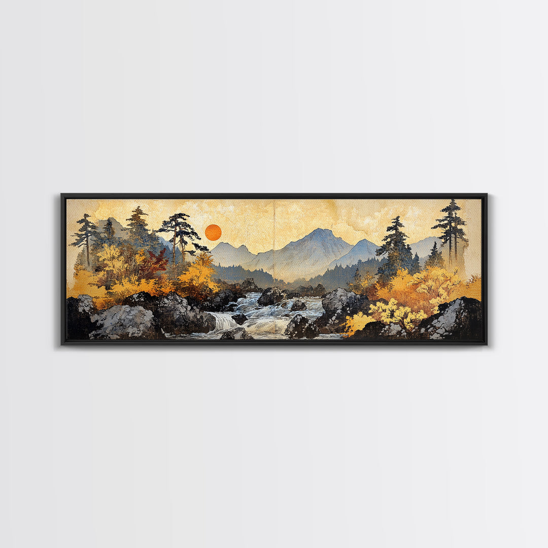 Autumn Mountain River Sunrise Wall Art, Panoramic Landscape Canvas Print, Rustic Cabin Decor, Large Nature Living Room Art
