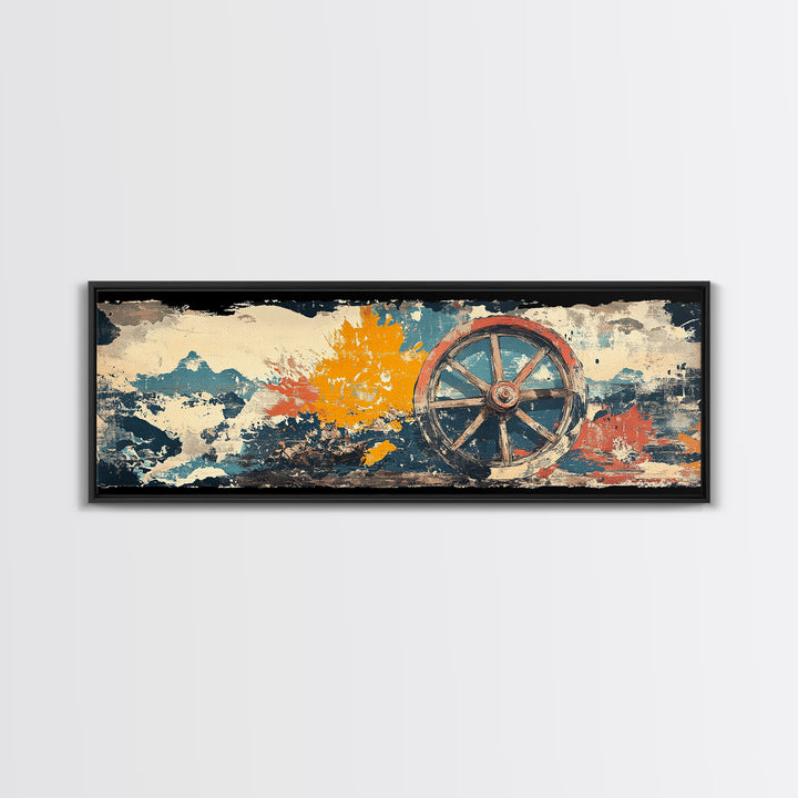 Rustic Wagon Wheel Against Painted Sky Wall Art, Western Canvas Print, Farmhouse Country Decor For Living Room Home Decor