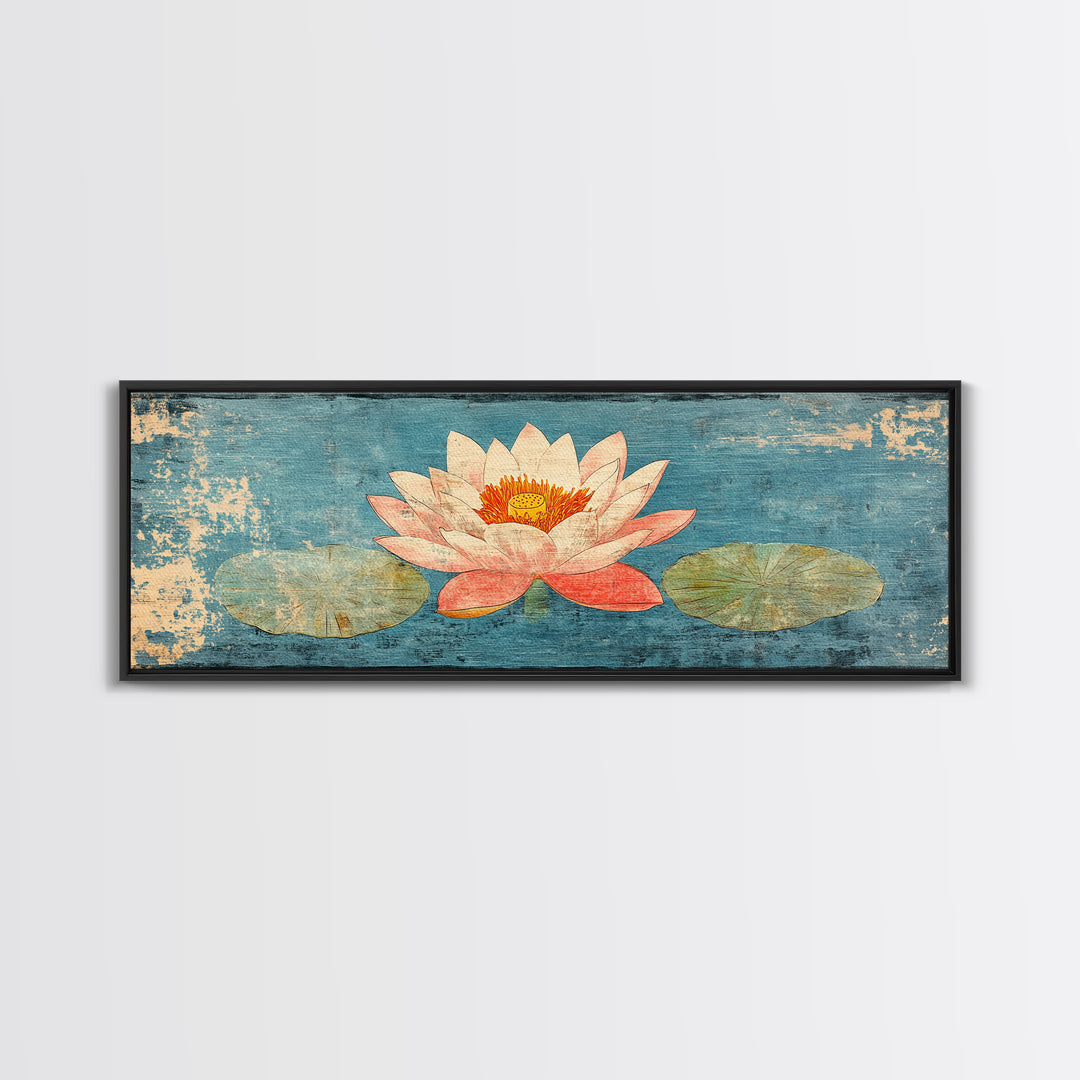 Pink Lotus Flower On Blue Pond Wall Art, Japanese Water Lily Canvas Print, Zen Bathroom Decor, Botanical Coastal Home Decor