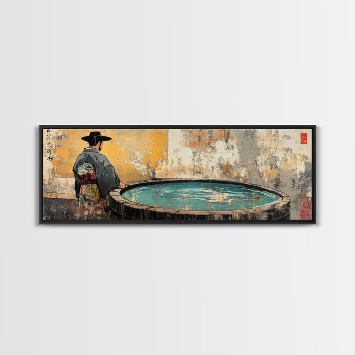 Kimono Figure Beside Round Pool Wall Art, Japanese Onsen Canvas Print, Wabi Sabi Spa Decor, Asian Bathroom Wall Decor Print