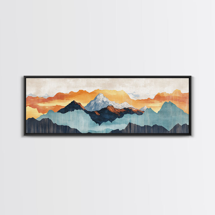 Layered Blue Orange Mountain Range Wall Art, Abstract Landscape Canvas Print, Modern Rustic Decor, Extra Wide Living Room Art