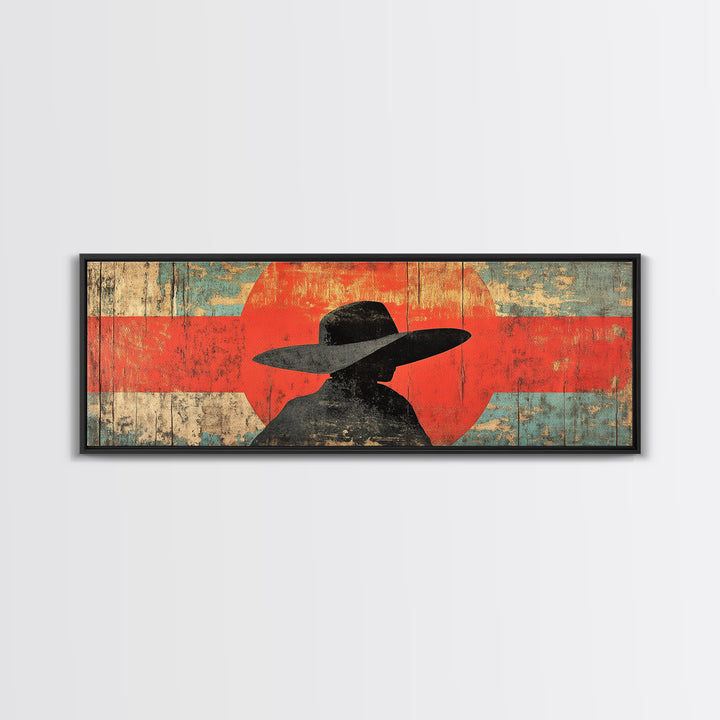 Cowboy Silhouette Red Sun Wall Art, Modern Western Canvas Print, Rustic Ranch Decor, Southwestern Living Room Statement Artwork