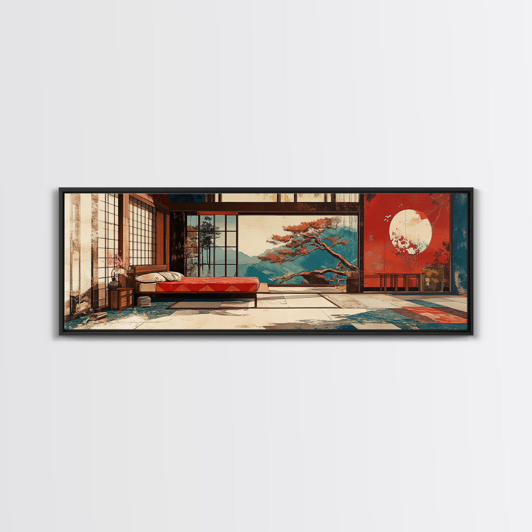 Japanese Bedroom With Moon View Wall Art, Japandi Framed Canvas Print, Zen Home Decor, Above Bed Living Room Wall Decor Print