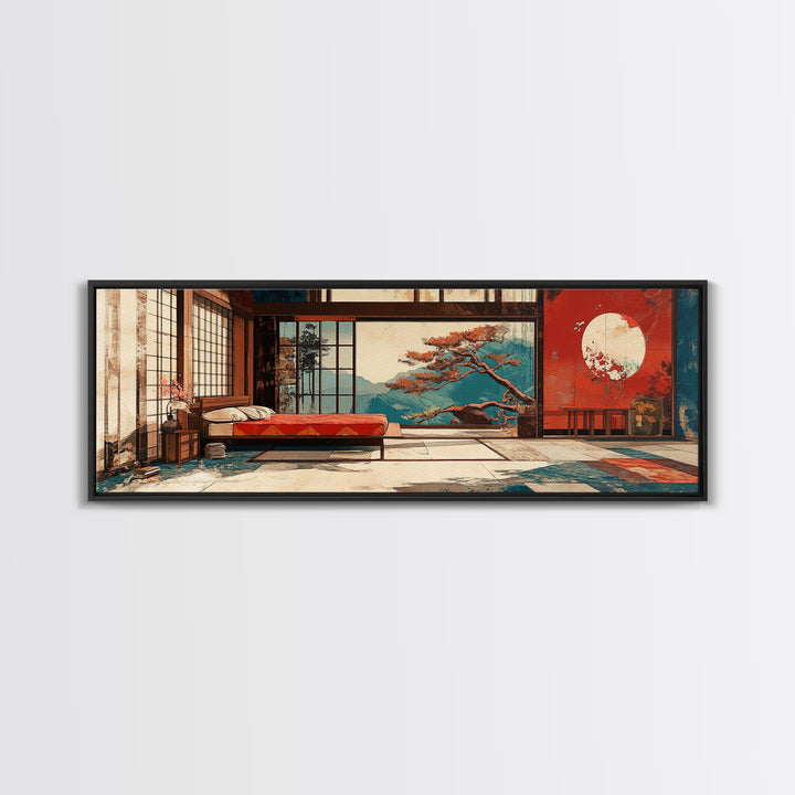 Japanese Bedroom With Moon View Wall Art, Japandi Framed Canvas Print, Zen Home Decor, Above Bed Living Room Wall Decor Print