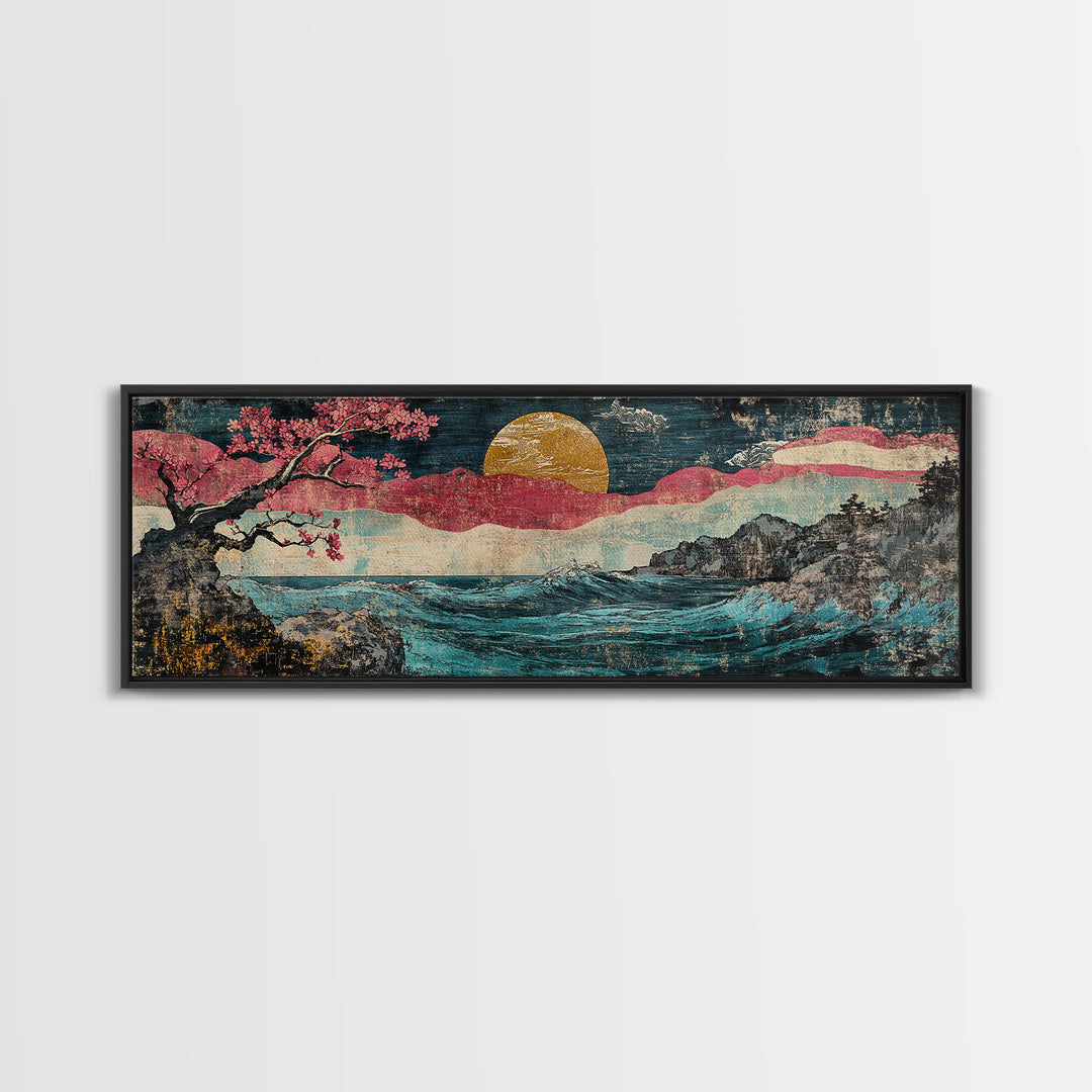 Gold Sun Ocean Wave Canvas Print, Cherry Blossom Japanese Wall Art, Coastal Seascape Art, Large Living Room Decor, Home Decor
