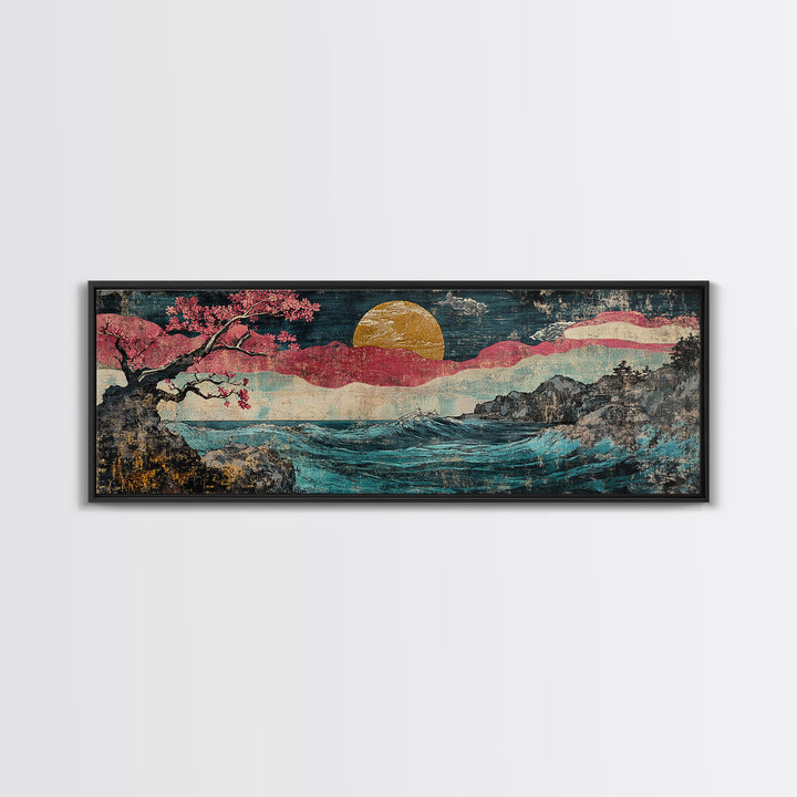 Gold Sun Ocean Wave Canvas Print, Cherry Blossom Japanese Wall Art, Coastal Seascape Art, Large Living Room Decor, Home Decor