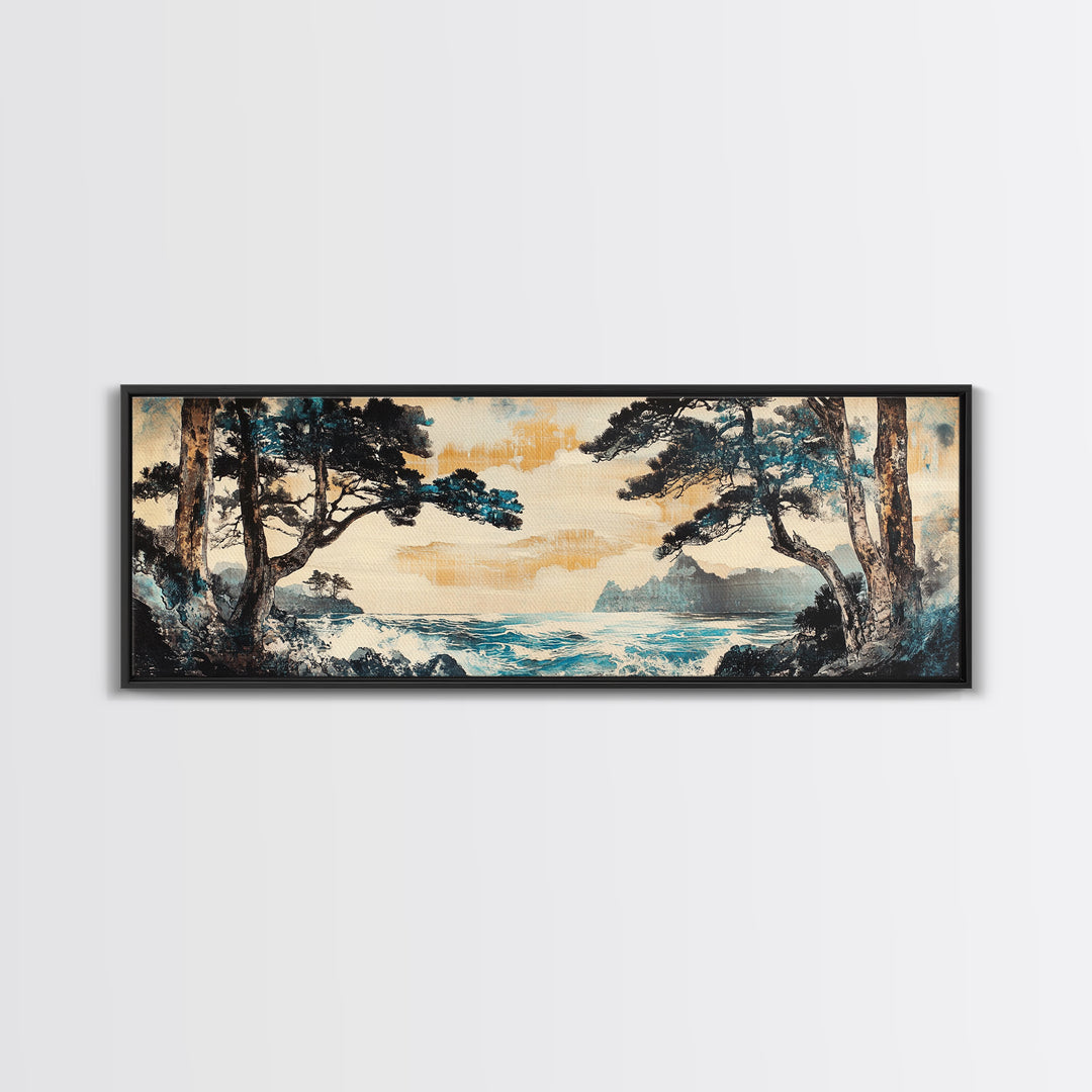 Misty Coastal Cove Canvas Print, Pine Tree Seascape Wall Art, Japanese Inspired Landscape, Large Panoramic Living Room Home Decor