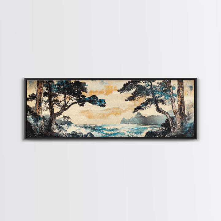 Misty Coastal Cove Canvas Print, Pine Tree Seascape Wall Art, Japanese Inspired Landscape, Large Panoramic Living Room Home Decor