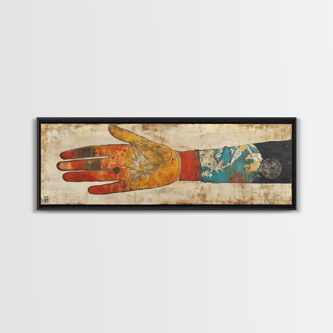Japanese Hand And Kimono Sleeve Wall Art, Wabi Sabi Framed Canvas Print, Asian Textile Decor, Eclectic Gallery Art For Living Room