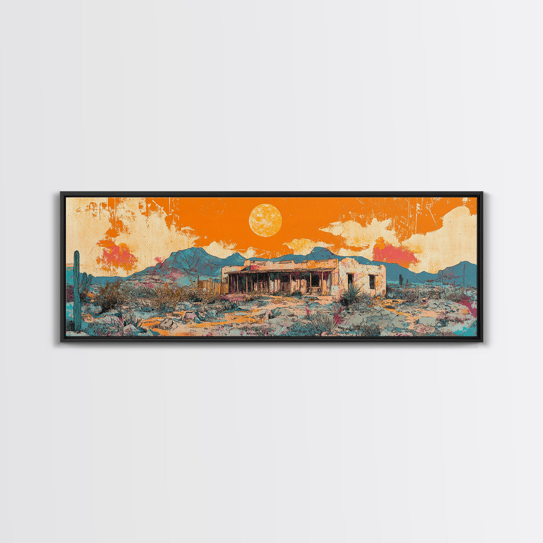 Orange Desert Adobe House Wall Art, Southwestern Landscape Canvas Print, Modern Rustic Home Decor, Santa Fe Style Poster
