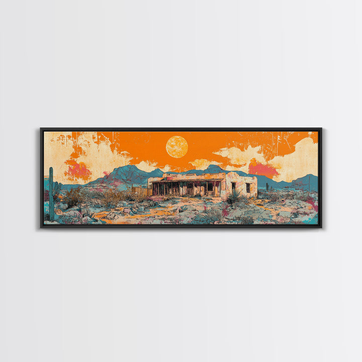 Orange Desert Adobe House Wall Art, Southwestern Landscape Canvas Print, Modern Rustic Home Decor, Santa Fe Style Poster