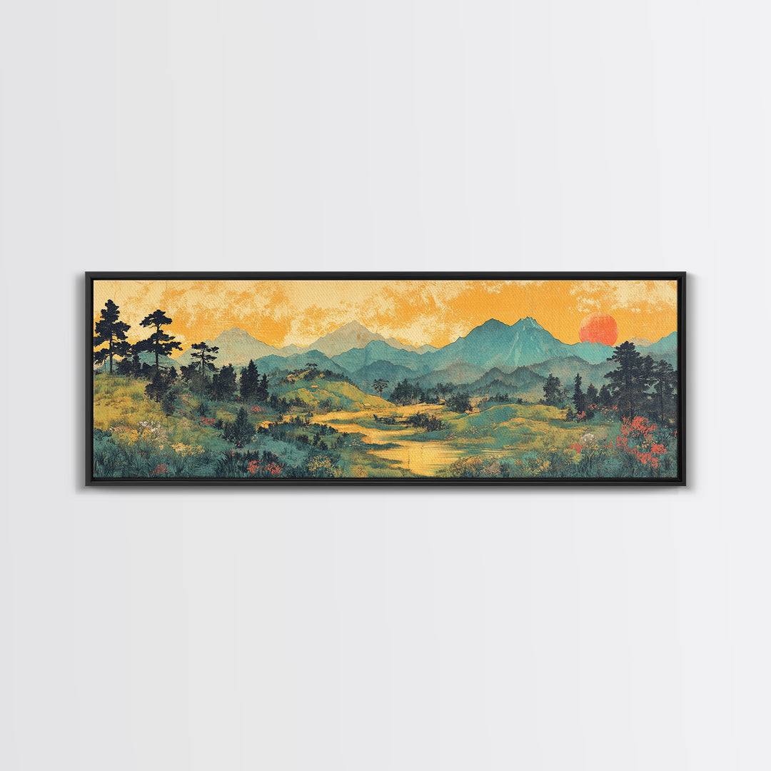 Misty Mountain Meadow Wall Art, Golden Sunrise Landscape Canvas Print, Nature Wall Decor, Above Sofa Living Room Decor Print