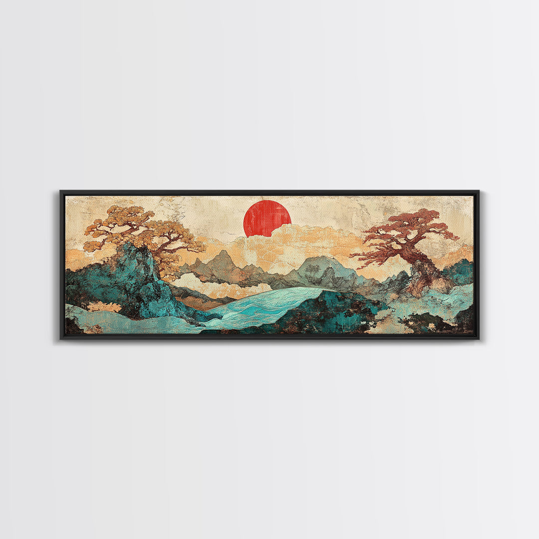 Red Sun Mountain River Landscape Wall Art, Japanese Wall Art, Panoramic Canvas, Japandi Decor, Living Room Wall Decor, Home Decor