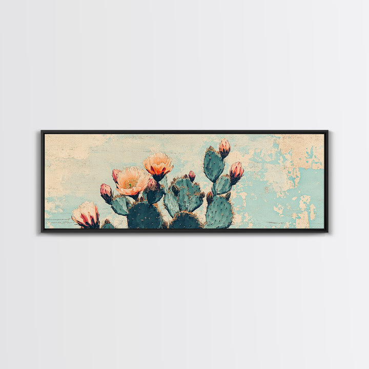 Blooming Prickly Pear Cactus Canvas Print, Southwestern Desert Wall Art, Floral Botanical Decor, Soft Blue Boho Home Decor