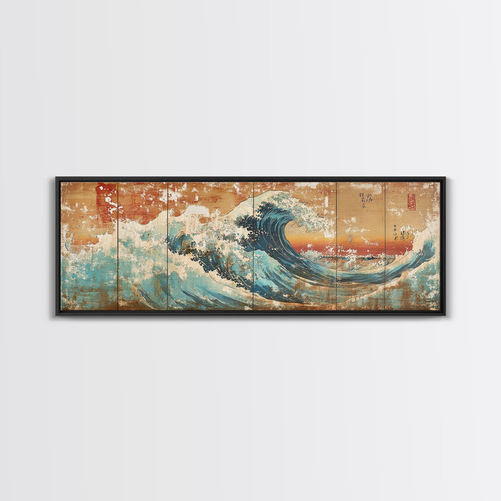 Great Japanese Wave With Golden Sky Canvas Print, Coastal Seascape Wall Art, Ocean Decor, Large Horizontal Living Room Art