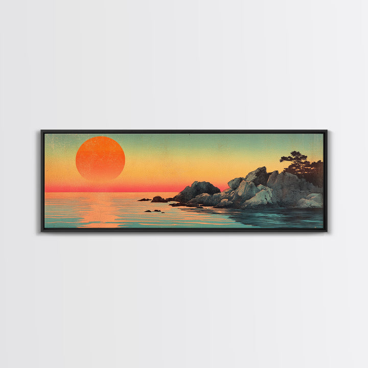 Orange Sunset Over Rocky Shore Wall Art, Japanese Coastal Seascape Print, Serene Ocean Decor, Large Horizontal Canvas Gift