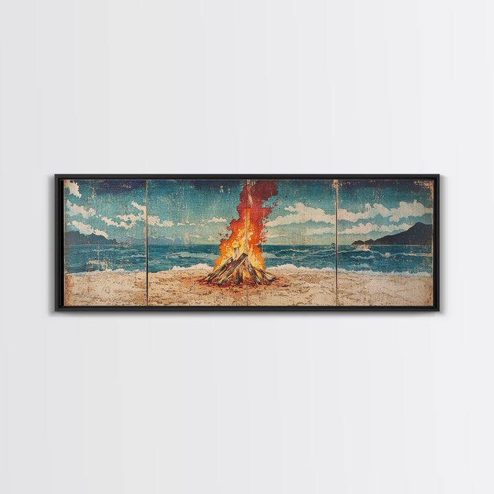 Beach Bonfire Beside Blue Ocean Wall Art, Coastal Triptych Print, Summer Seascape Decor, Large Framed Canvas Print Gift For Her
