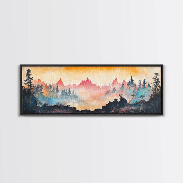 Misty Mountain Forest Sunrise Canvas Print, Panoramic Landscape Wall Art, Nature Inspired Living Room Home Decor, Cabin Decor