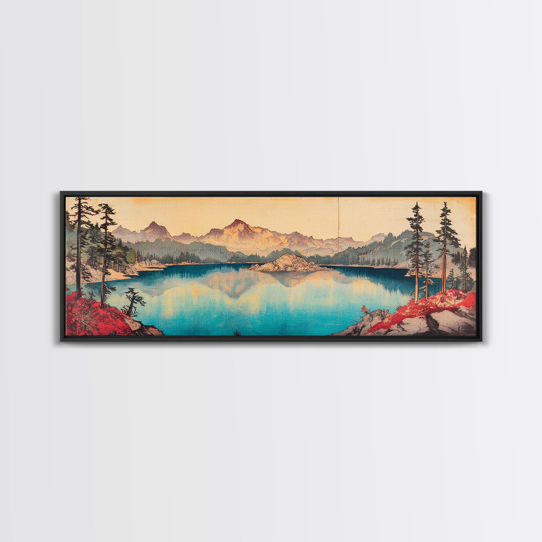 Turquoise Alpine Lake And Pine Mountain Wall Art, Panoramic Landscape Canvas Print, Rustic Cabin Living Room Home Decor Print