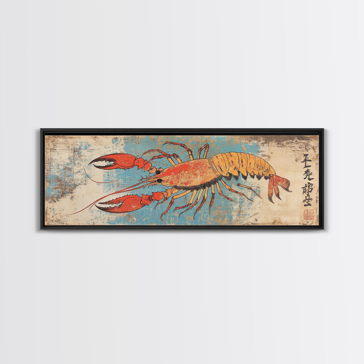 Orange Lobster On Weathered Blue Background Wall Art, Nautical Seafood Canvas Print, Coastal Kitchen Dining Room Decor Gift