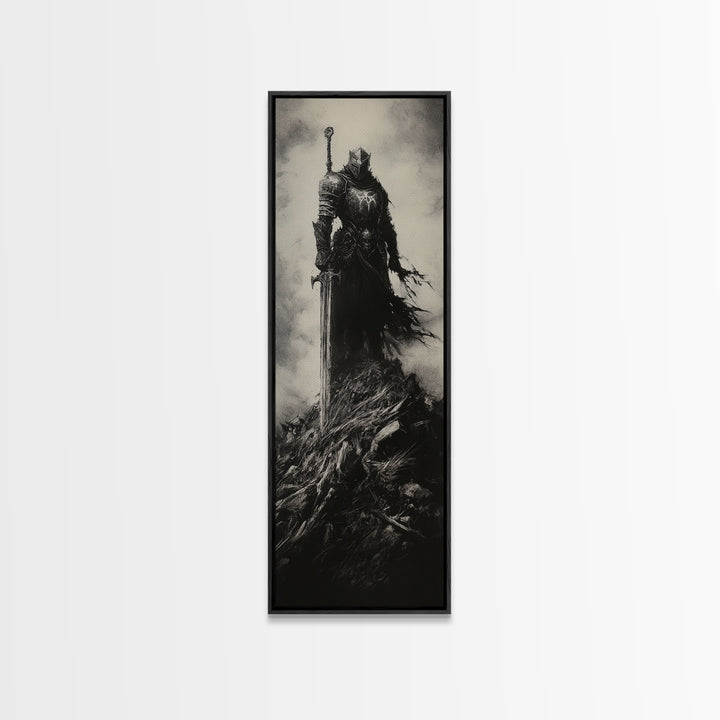 Dark Armored Knight With Sword Black And White Wall Art, Gothic Fantasy Canvas Print, Dark Academia Decor, Gift For Him Or Office Decor