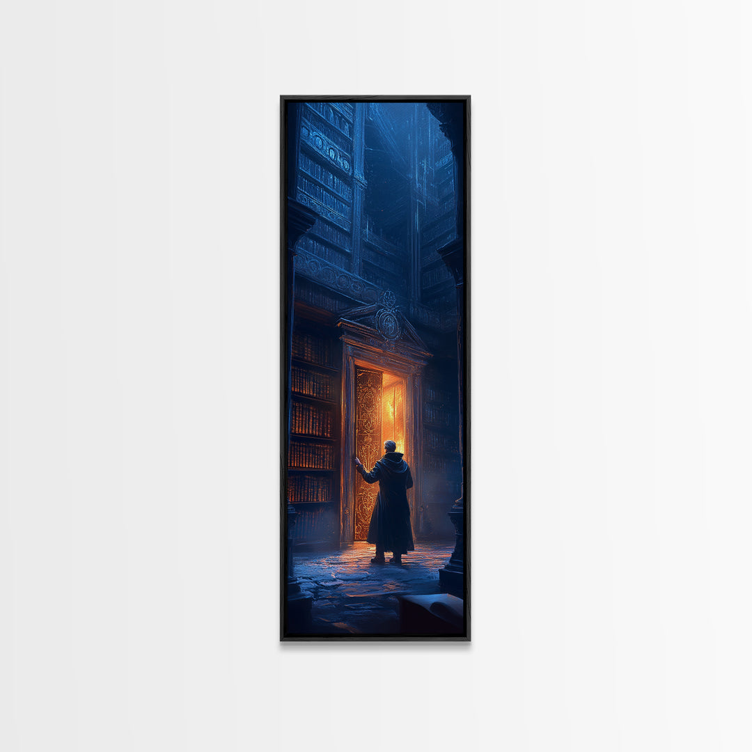 Glowing Portal Door In Dark Gothic Library Wall Art, Fantasy Bookstore Canvas Print, Dark Academia Decor For Reading Nook