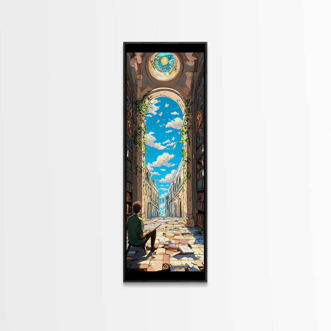 Sunlit Ruined Library Hall With Open Sky Wall Art, Whimsical Fantasy Canvas Print, Book Lover Decor For Reading Nook And Home Library