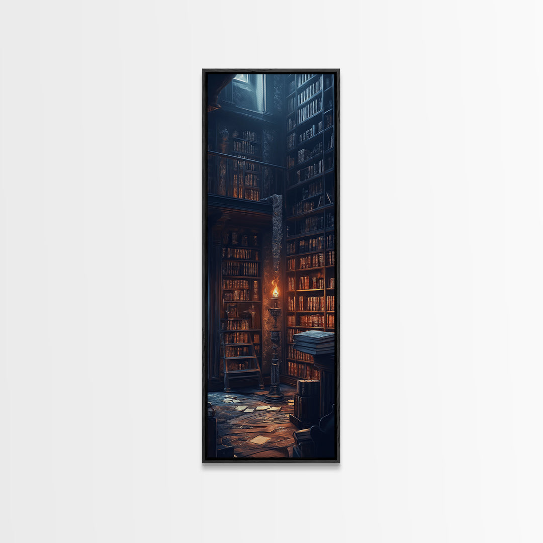 Moody Old Library With Tall Shelves And Candlelight Wall Art, Dark Academia Canvas Print, Gothic Home Library Wall Decor