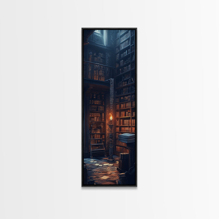 Moody Old Library With Tall Shelves And Candlelight Wall Art, Dark Academia Canvas Print, Gothic Home Library Wall Decor