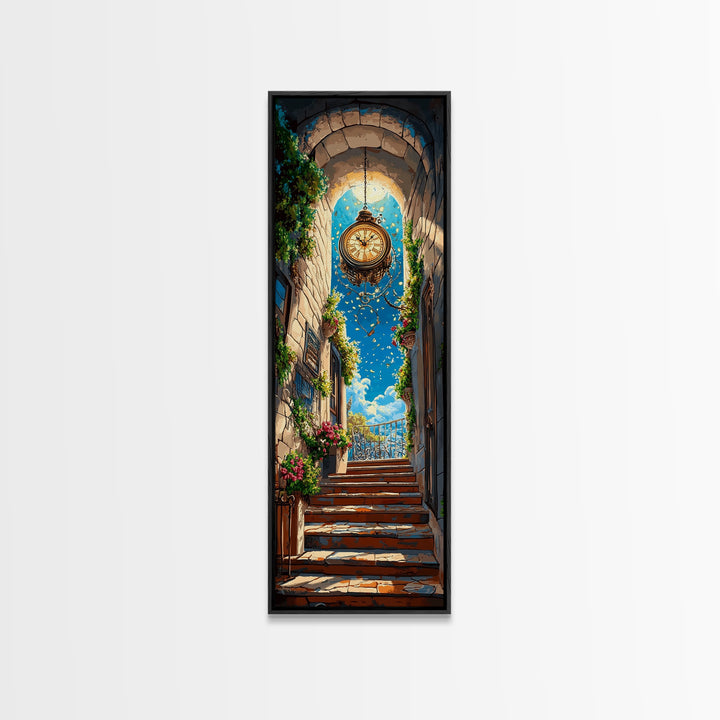 Golden Hanging Clock In Sunlit Stone Alley Wall Art, Fantasy City Canvas Print, Whimsical Travel Poster, Entryway Decor Gift