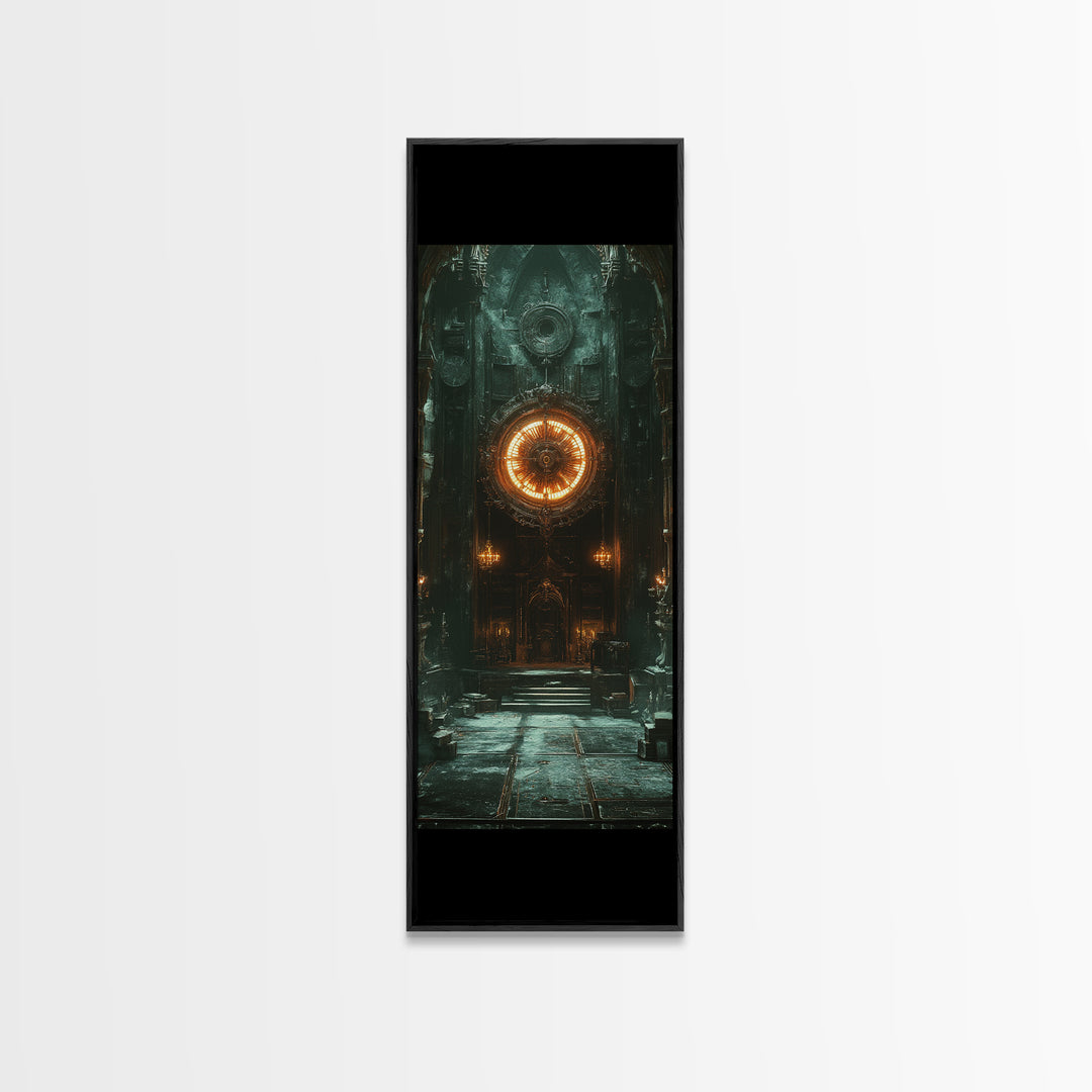 Glowing Astral Clock Door In Gothic Hall Wall Art, Dark Fantasy Canvas Print, Steampunk Decor, Moody Entryway Art For Office