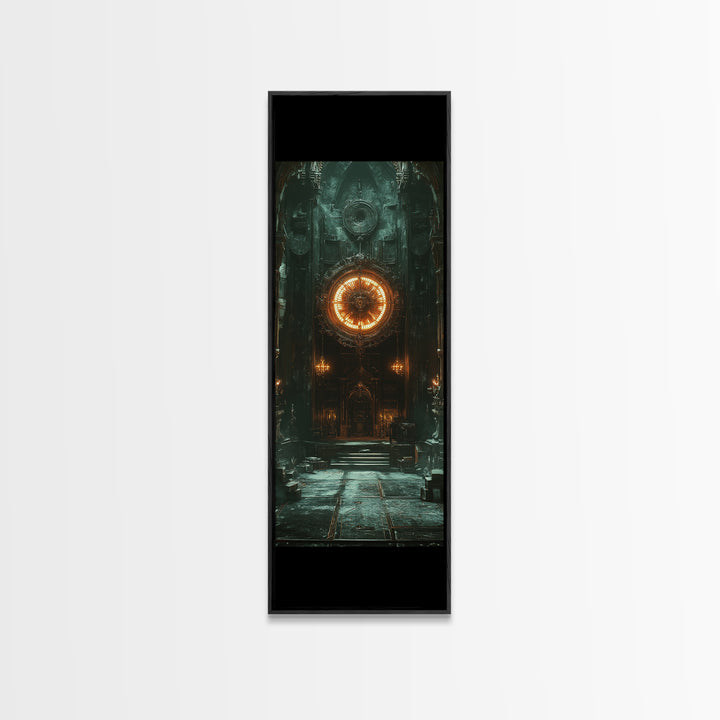 Glowing Astral Clock Door In Gothic Hall Wall Art, Dark Fantasy Canvas Print, Steampunk Decor, Moody Entryway Art For Office