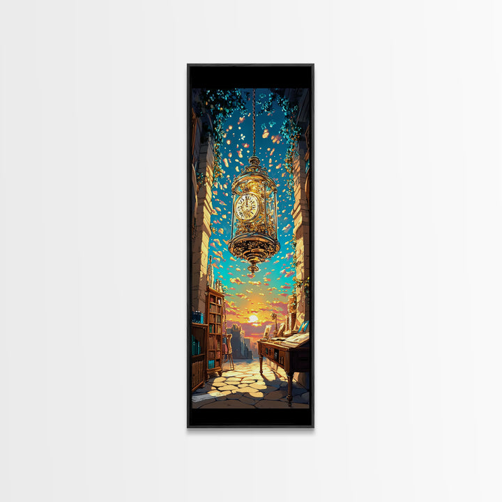 Floating Golden Clock Over Sunset Alley Wall Art, Whimsical Fantasy Canvas Print, Bookshop Travel Decor, Unique Gift For Her