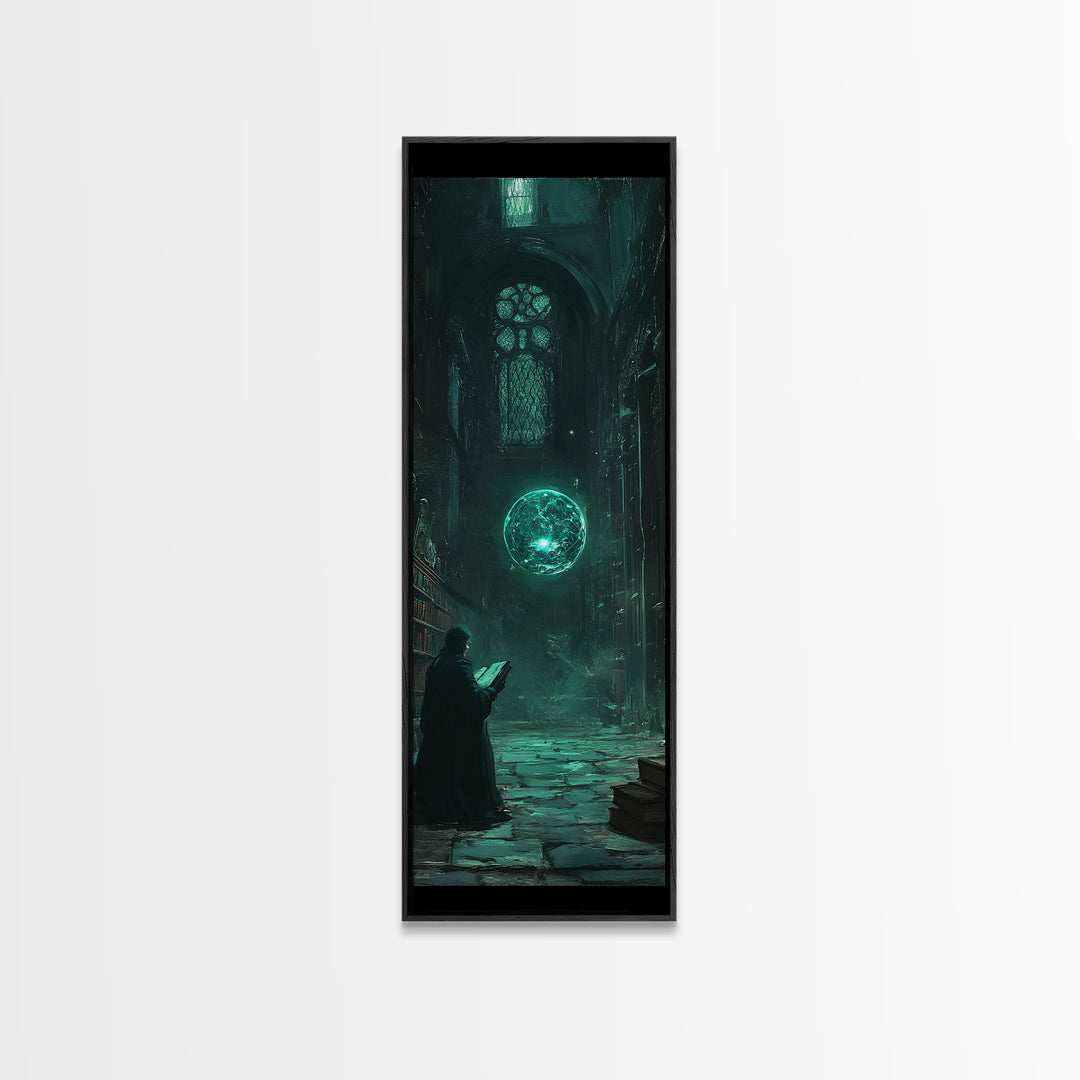 Dark Gothic Library With Teal Magic Orb Wall Art, Fantasy Castle Decor, Dark Academia Print, Moody Reading Nook Artwork Gift