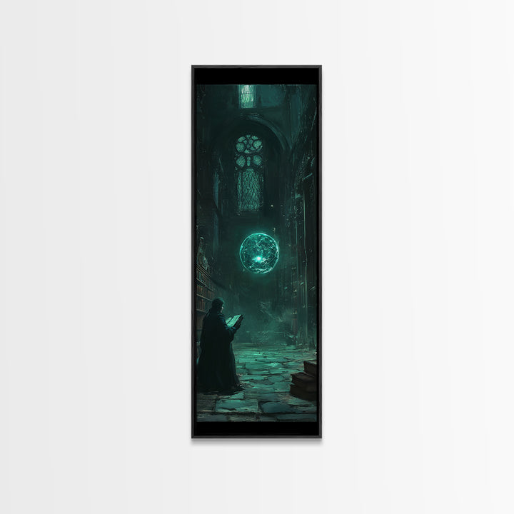 Dark Gothic Library With Teal Magic Orb Wall Art, Fantasy Castle Decor, Dark Academia Print, Moody Reading Nook Artwork Gift